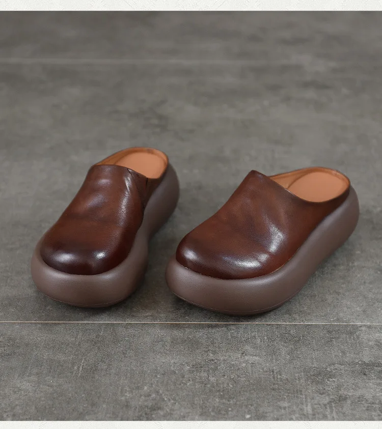 ZXRYXGS Top Cowhide Full Real Leather Slippers Wedges Thick Sole Heighten Shoes 2026 New Summer Round Toe Women Fashion Slippers
