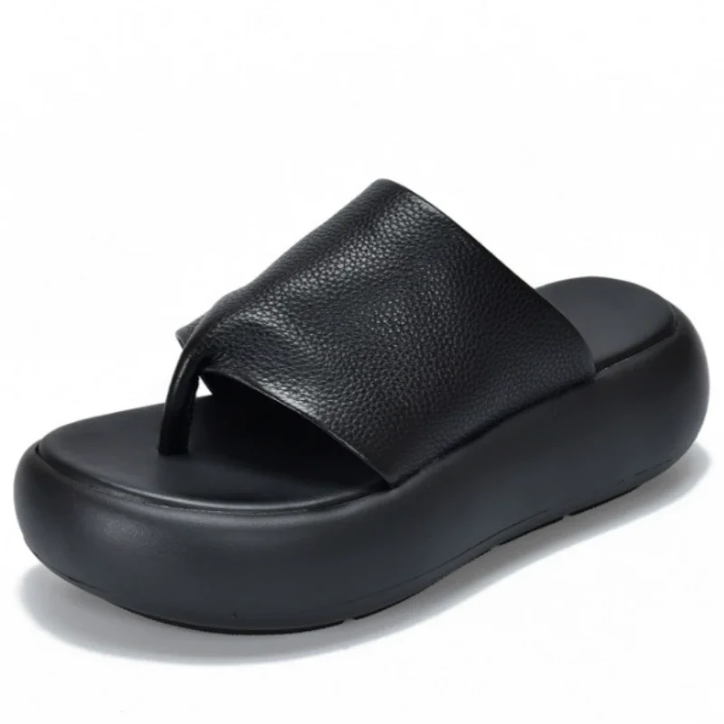 ZXRYXGS Top Cowhide Full Real Leather Slippers Wedges Thick Sole Heighten Shoes 2026 New Summer Round Toe Women Fashion Slippers