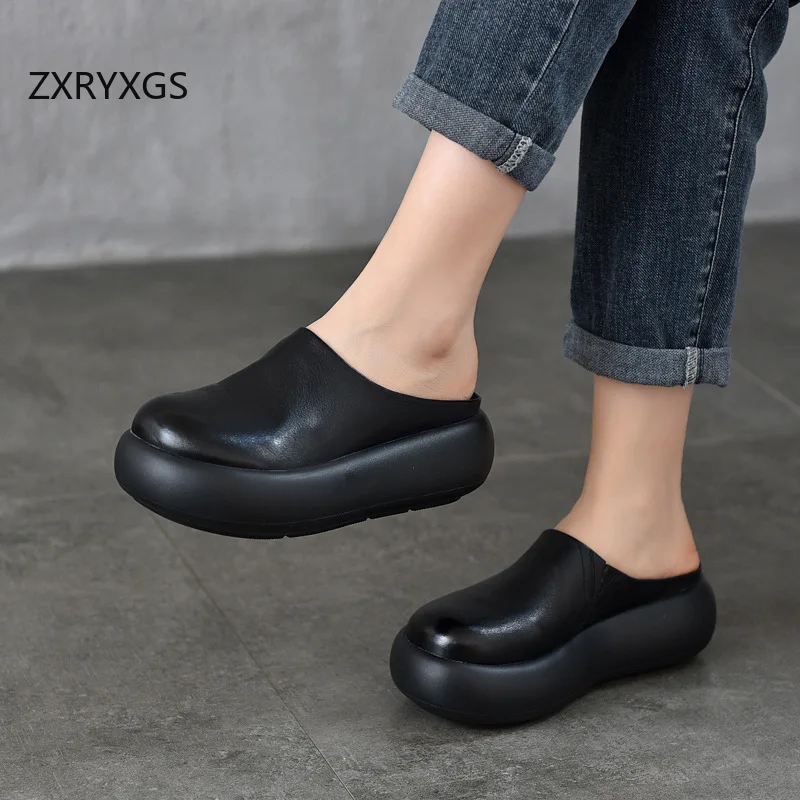 ZXRYXGS Top Cowhide Full Real Leather Slippers Wedges Thick Sole Heighten Shoes 2026 New Summer Round Toe Women Fashion Slippers