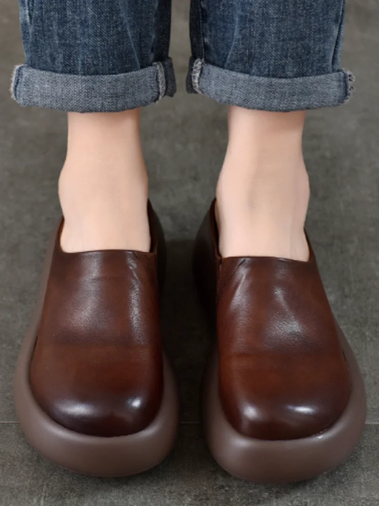 ZXRYXGS Top Cowhide Full Real Leather Slippers Wedges Thick Sole Heighten Shoes 2026 New Summer Round Toe Women Fashion Slippers