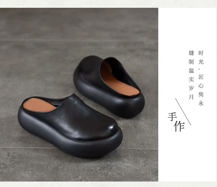 ZXRYXGS Top Cowhide Full Real Leather Slippers Wedges Thick Sole Heighten Shoes 2026 New Summer Round Toe Women Fashion Slippers