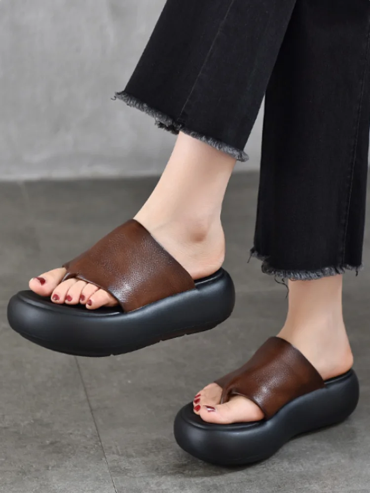 ZXRYXGS Top Cowhide Full Real Leather Slippers Wedges Thick Sole Heighten Shoes 2026 New Summer Round Toe Women Fashion Slippers