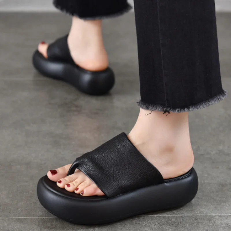 ZXRYXGS Top Cowhide Full Real Leather Slippers Wedges Thick Sole Heighten Shoes 2026 New Summer Round Toe Women Fashion Slippers