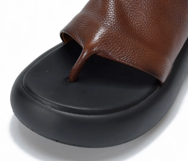 ZXRYXGS Top Cowhide Full Real Leather Slippers Wedges Thick Sole Heighten Shoes 2026 New Summer Round Toe Women Fashion Slippers