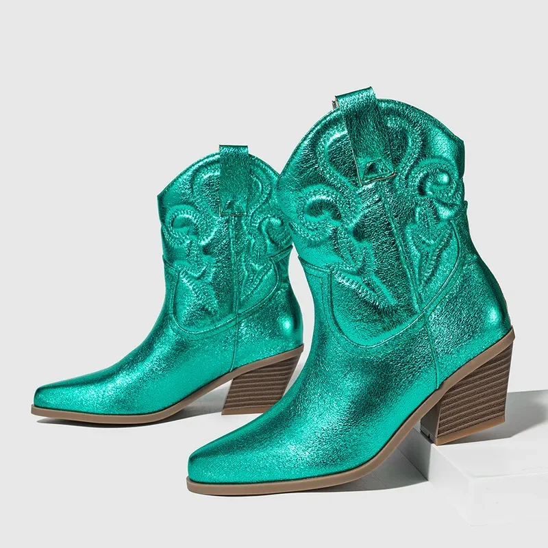 Eilyken High Quality Embroidery Ankle Boots Women Western Booties Fashion Pointed Toe Low Heels Shoes Large Size 43
