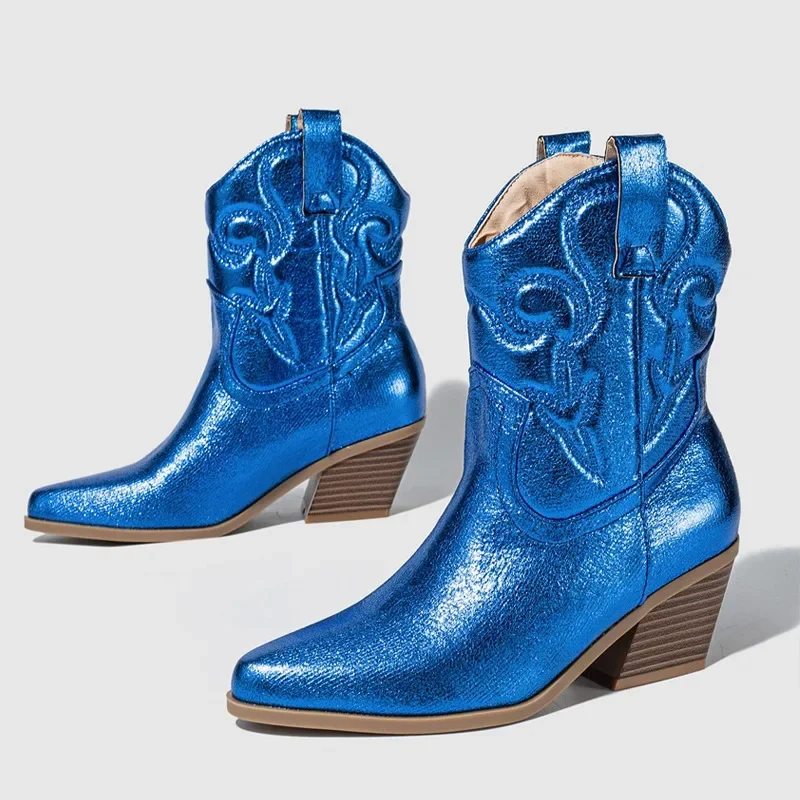 Eilyken High Quality Embroidery Ankle Boots Women Western Booties Fashion Pointed Toe Low Heels Shoes Large Size 43