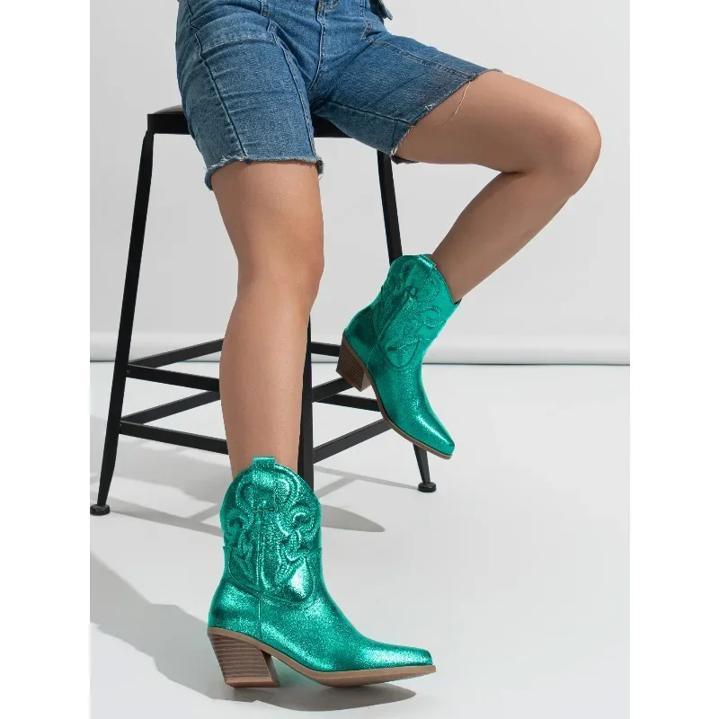 Eilyken High Quality Embroidery Ankle Boots Women Western Booties Fashion Pointed Toe Low Heels Shoes Large Size 43