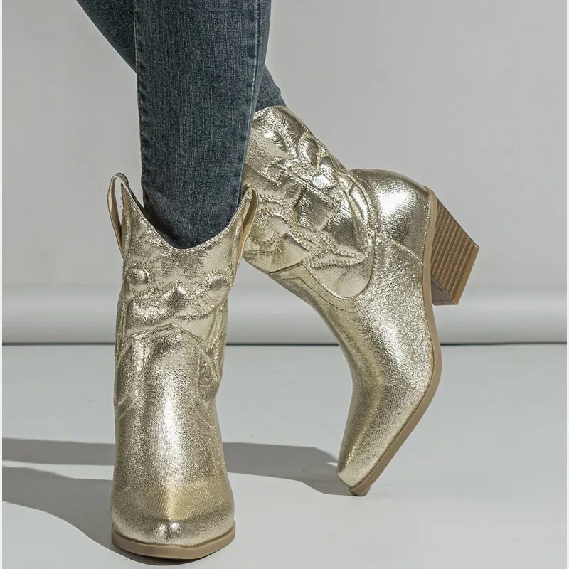 Eilyken High Quality Embroidery Ankle Boots Women Western Booties Fashion Pointed Toe Low Heels Shoes Large Size 43