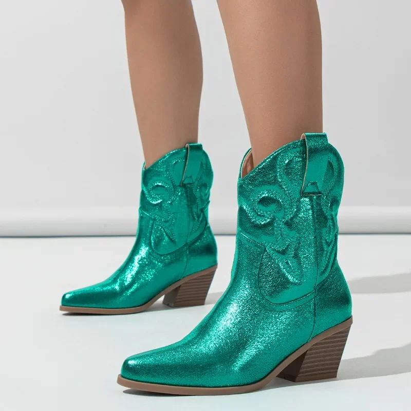 Eilyken High Quality Embroidery Ankle Boots Women Western Booties Fashion Pointed Toe Low Heels Shoes Large Size 43