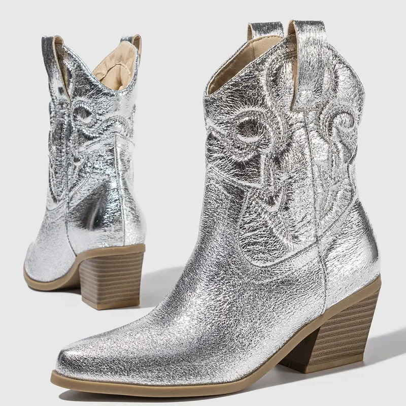 Eilyken High Quality Embroidery Ankle Boots Women Western Booties Fashion Pointed Toe Low Heels Shoes Large Size 43