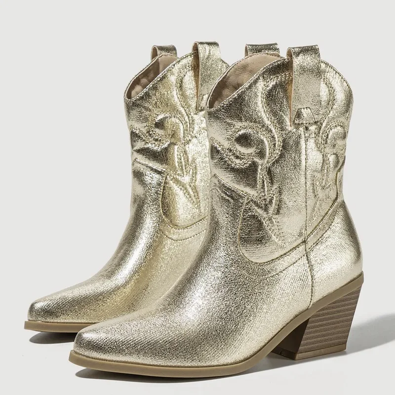 Eilyken High Quality Embroidery Ankle Boots Women Western Booties Fashion Pointed Toe Low Heels Shoes Large Size 43