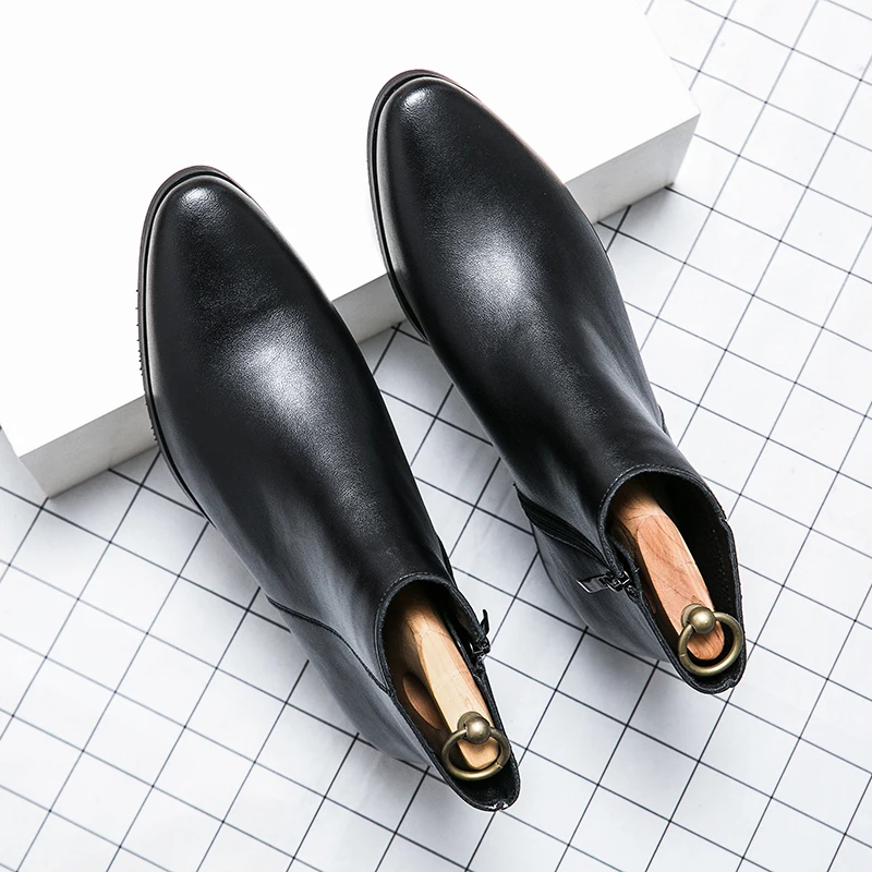 Classic Black Men's Chelsea Boots British Style Pointed Toe Leather Ankle Boots Man Slip-on Boots Zip High Top Dress Shoes Man