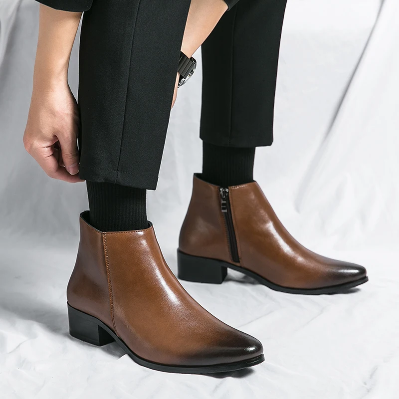 Classic Black Men's Chelsea Boots British Style Pointed Toe Leather Ankle Boots Man Slip-on Boots Zip High Top Dress Shoes Man