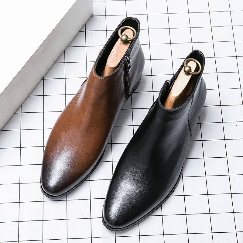 Classic Black Men's Chelsea Boots British Style Pointed Toe Leather Ankle Boots Man Slip-on Boots Zip High Top Dress Shoes Man