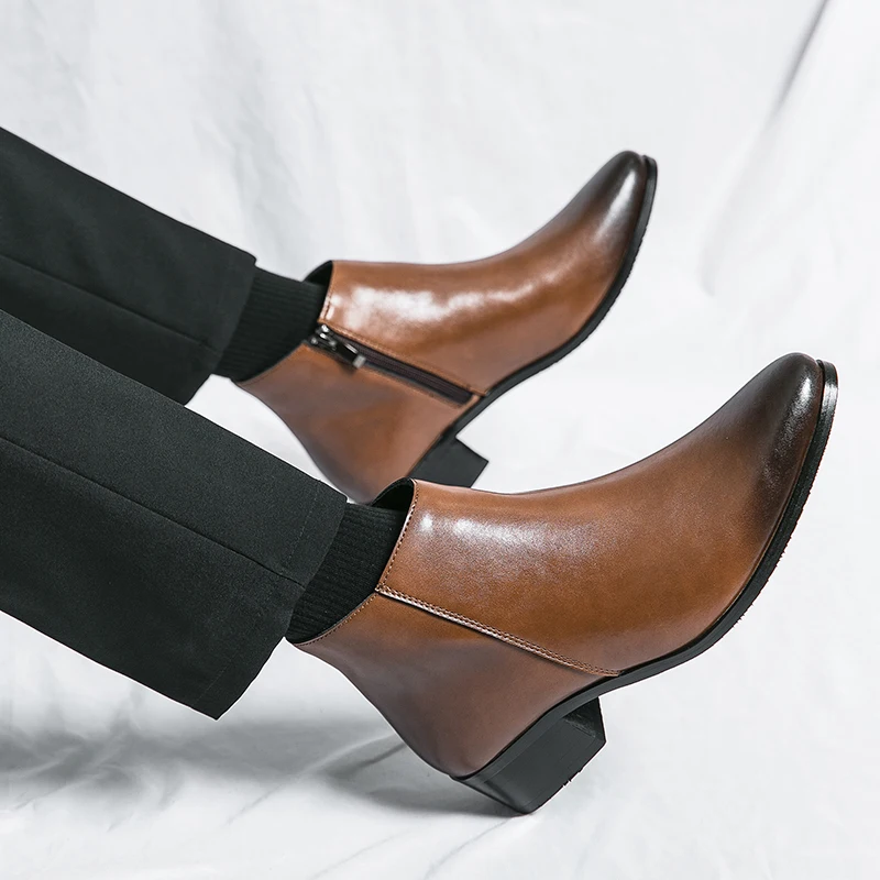 Classic Black Men's Chelsea Boots British Style Pointed Toe Leather Ankle Boots Man Slip-on Boots Zip High Top Dress Shoes Man