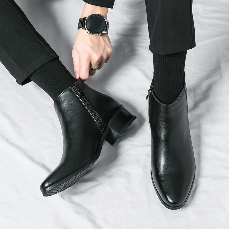 Classic Black Men's Chelsea Boots British Style Pointed Toe Leather Ankle Boots Man Slip-on Boots Zip High Top Dress Shoes Man