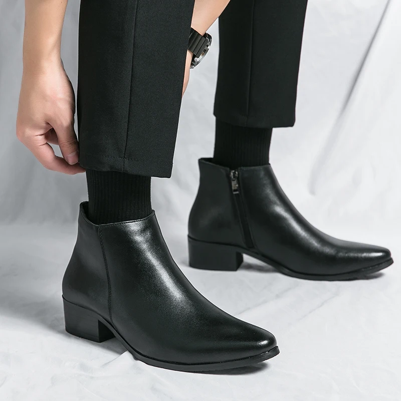 Classic Black Men's Chelsea Boots British Style Pointed Toe Leather Ankle Boots Man Slip-on Boots Zip High Top Dress Shoes Man