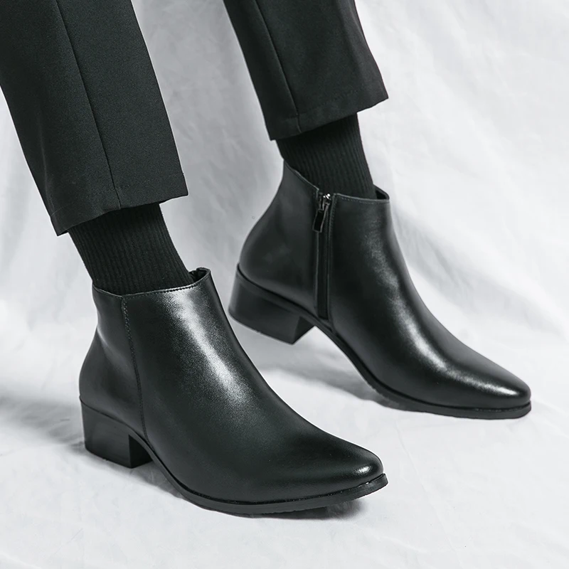 Classic Black Men's Chelsea Boots British Style Pointed Toe Leather Ankle Boots Man Slip-on Boots Zip High Top Dress Shoes Man