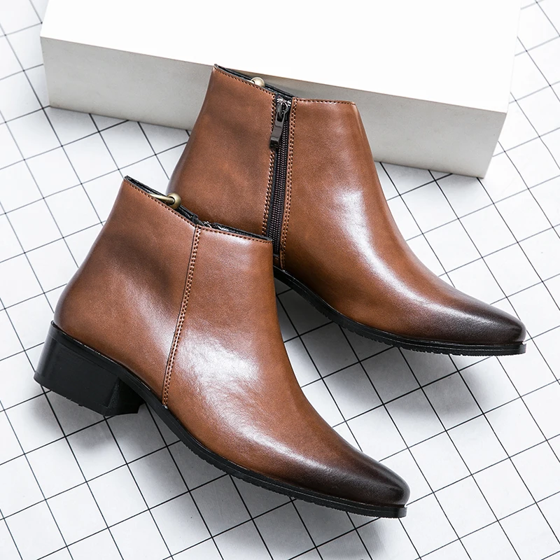 Classic Black Men's Chelsea Boots British Style Pointed Toe Leather Ankle Boots Man Slip-on Boots Zip High Top Dress Shoes Man