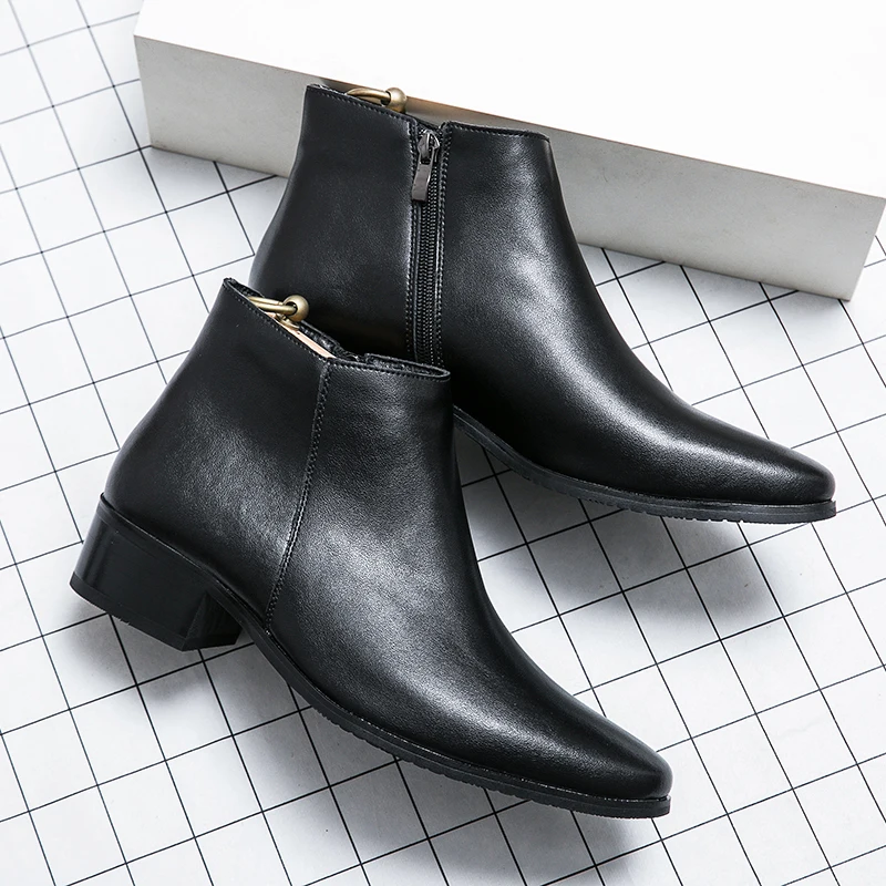 Classic Black Men's Chelsea Boots British Style Pointed Toe Leather Ankle Boots Man Slip-on Boots Zip High Top Dress Shoes Man