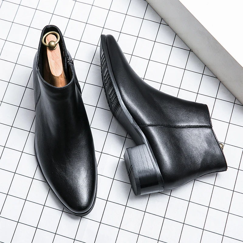 Classic Black Men's Chelsea Boots British Style Pointed Toe Leather Ankle Boots Man Slip-on Boots Zip High Top Dress Shoes Man