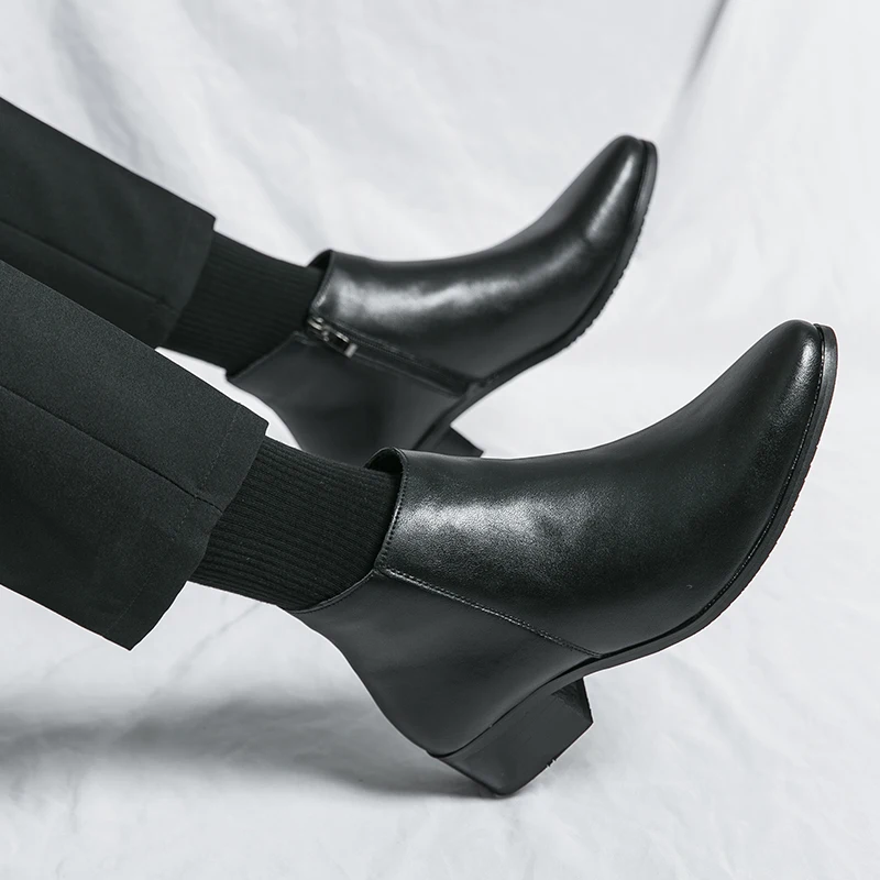 Classic Black Men's Chelsea Boots British Style Pointed Toe Leather Ankle Boots Man Slip-on Boots Zip High Top Dress Shoes Man
