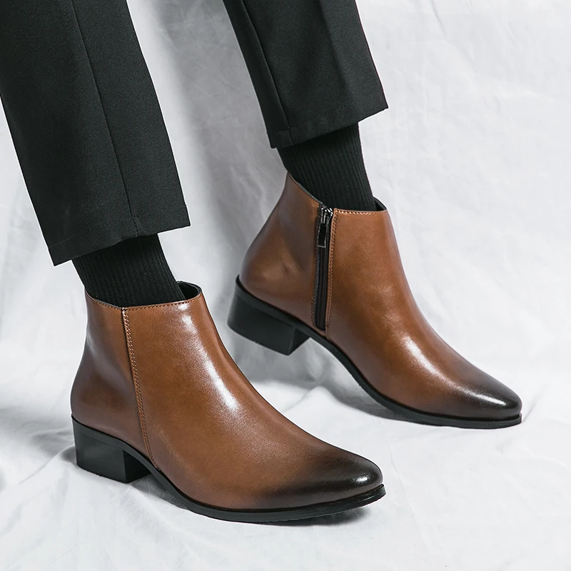 Classic Black Men's Chelsea Boots British Style Pointed Toe Leather Ankle Boots Man Slip-on Boots Zip High Top Dress Shoes Man