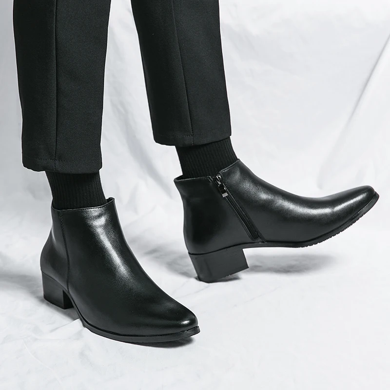 Classic Black Men's Chelsea Boots British Style Pointed Toe Leather Ankle Boots Man Slip-on Boots Zip High Top Dress Shoes Man