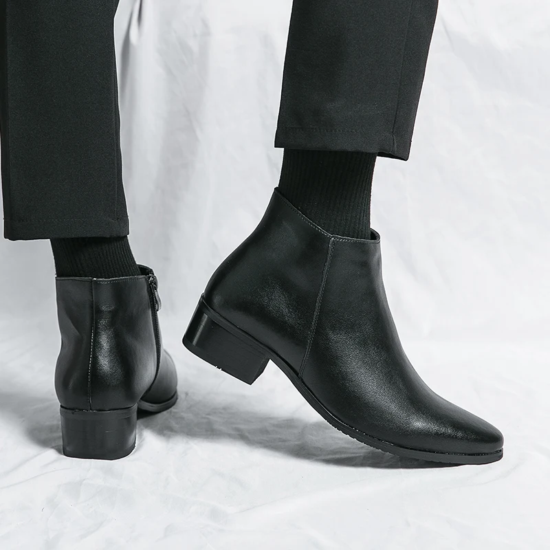 Classic Black Men's Chelsea Boots British Style Pointed Toe Leather Ankle Boots Man Slip-on Boots Zip High Top Dress Shoes Man