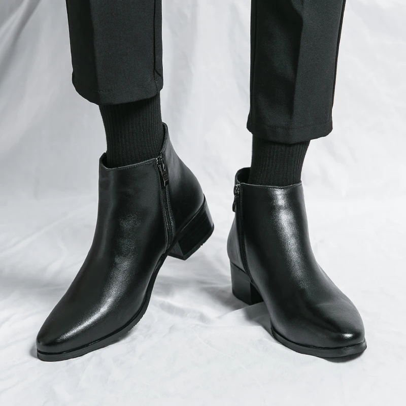 Classic Black Men's Chelsea Boots British Style Pointed Toe Leather Ankle Boots Man Slip-on Boots Zip High Top Dress Shoes Man