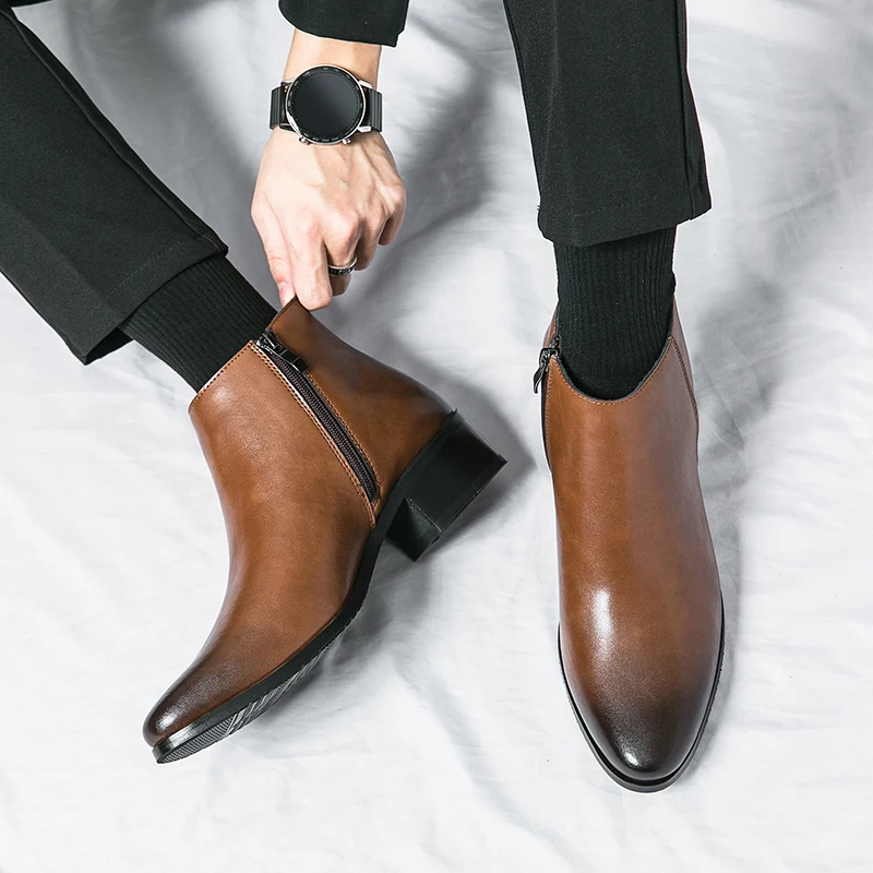 Classic Black Men's Chelsea Boots British Style Pointed Toe Leather Ankle Boots Man Slip-on Boots Zip High Top Dress Shoes Man