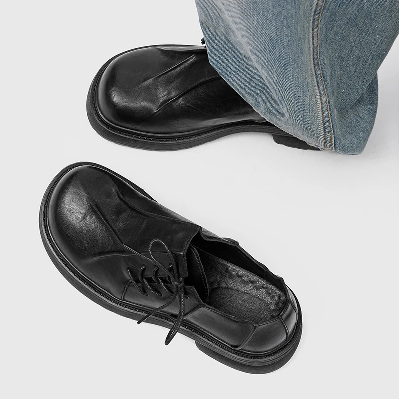 New Niche Pleated Thick Soled Derby Shoe High-end Casual Shoe for TeenagersPersonalized Mickey Height Increasing Round Toe Shoes