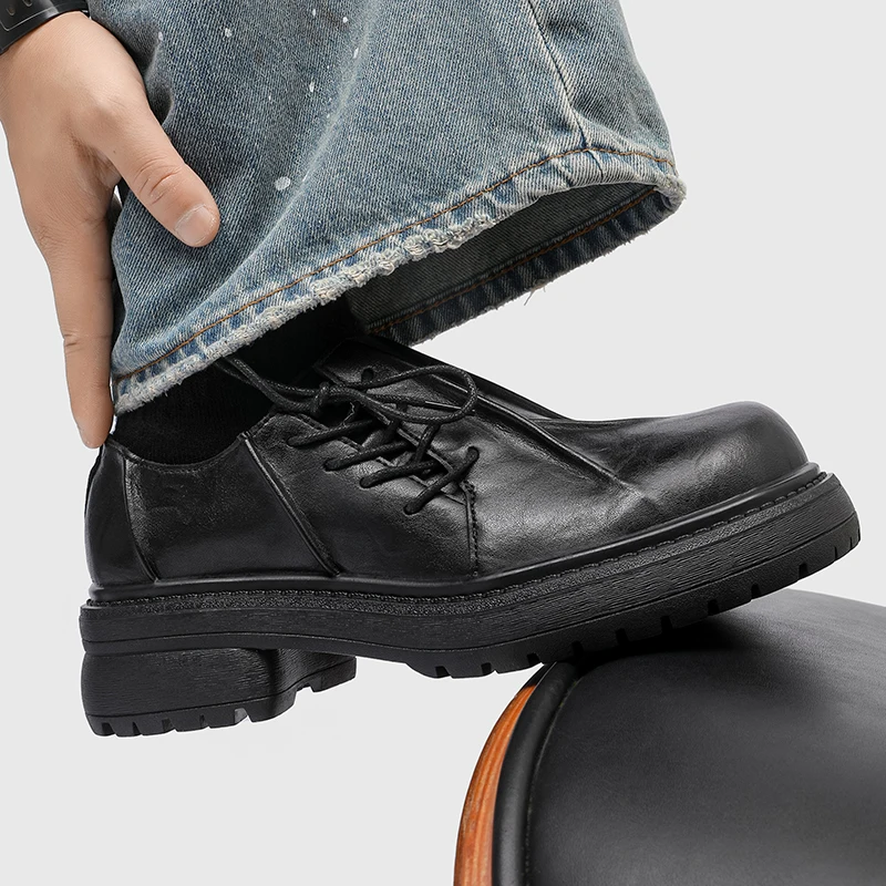 New Niche Pleated Thick Soled Derby Shoe High-end Casual Shoe for TeenagersPersonalized Mickey Height Increasing Round Toe Shoes
