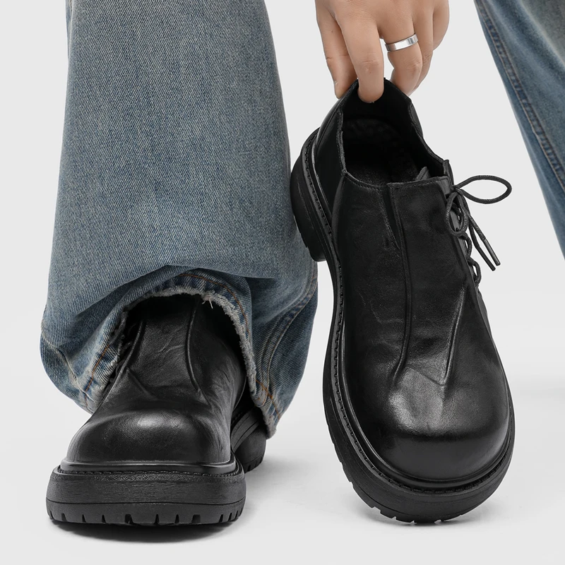 New Niche Pleated Thick Soled Derby Shoe High-end Casual Shoe for TeenagersPersonalized Mickey Height Increasing Round Toe Shoes