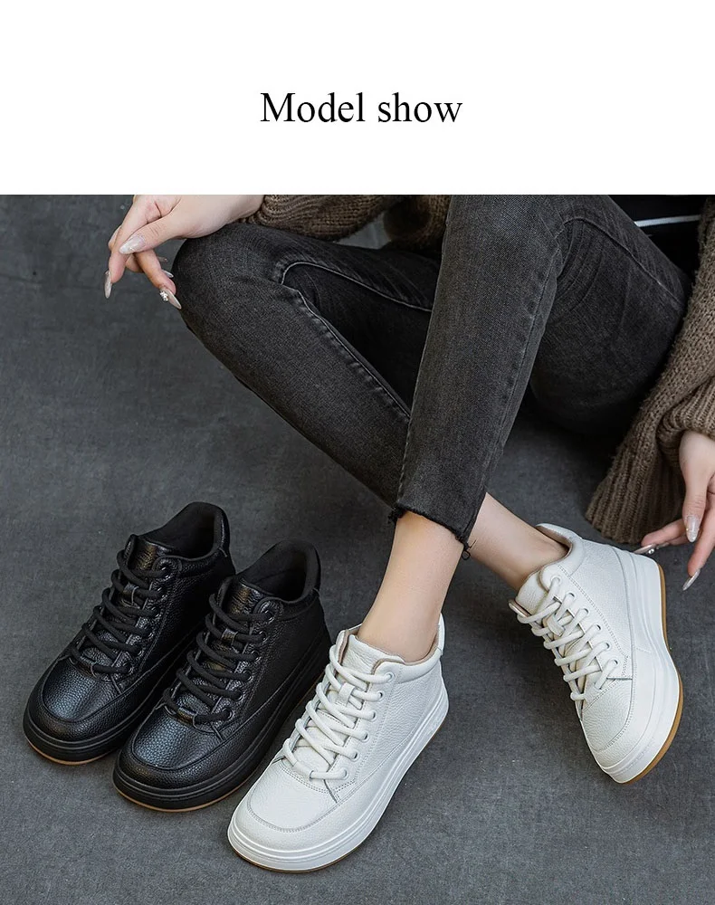 DRKANOL Fashion Women High Top Board Shoes Concise Solid Color Genuine Cow Leather Flat Shoes Autumn Winter Warm Casual Sneakers
