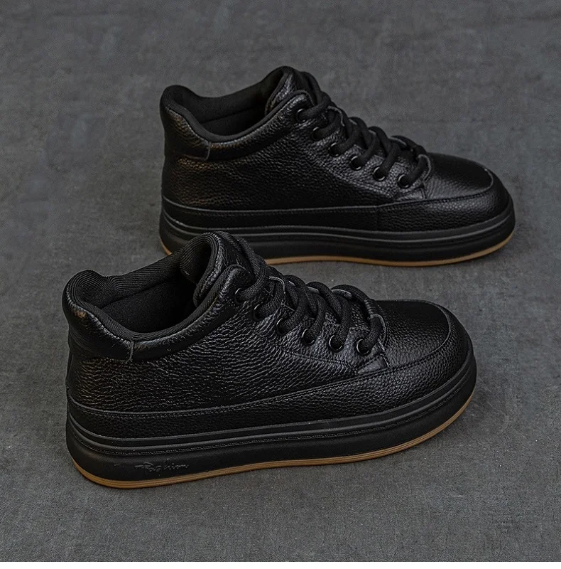 DRKANOL Fashion Women High Top Board Shoes Concise Solid Color Genuine Cow Leather Flat Shoes Autumn Winter Warm Casual Sneakers