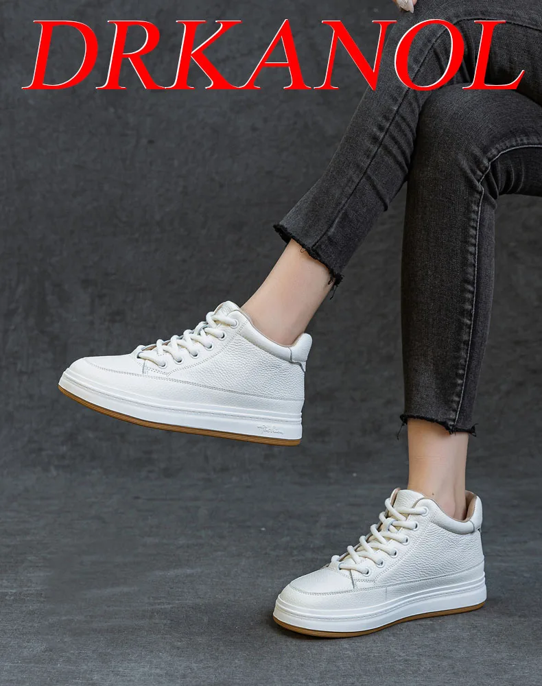 DRKANOL Fashion Women High Top Board Shoes Concise Solid Color Genuine Cow Leather Flat Shoes Autumn Winter Warm Casual Sneakers