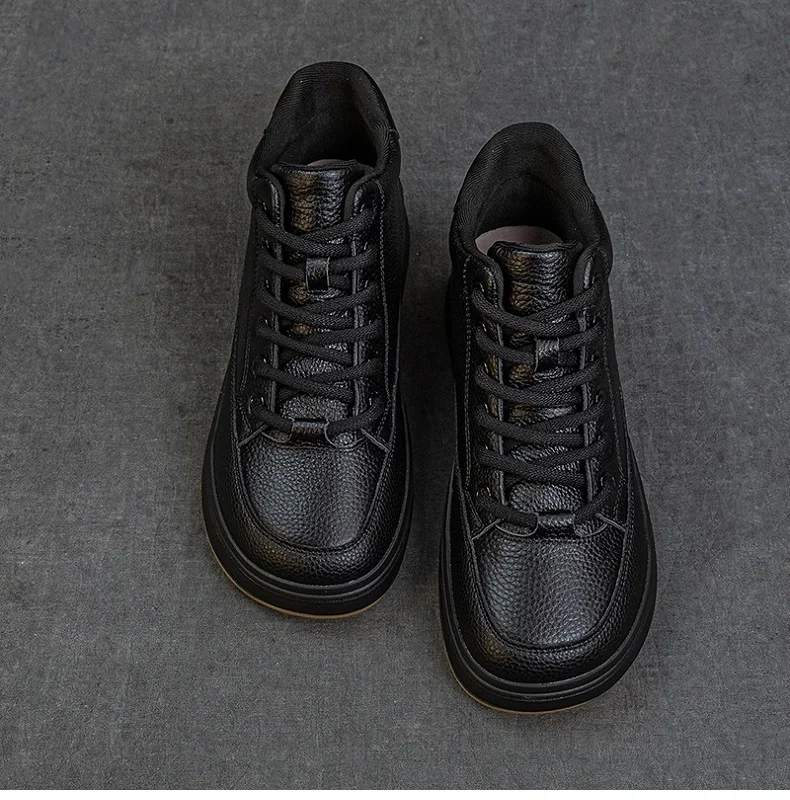 DRKANOL Fashion Women High Top Board Shoes Concise Solid Color Genuine Cow Leather Flat Shoes Autumn Winter Warm Casual Sneakers