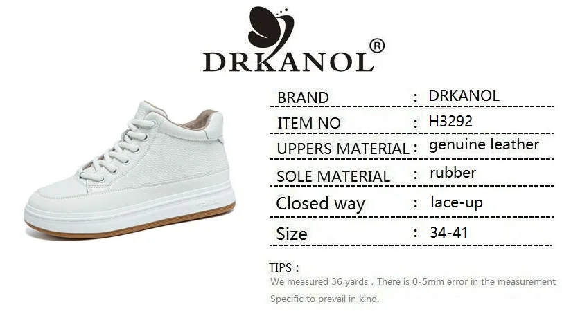 DRKANOL Fashion Women High Top Board Shoes Concise Solid Color Genuine Cow Leather Flat Shoes Autumn Winter Warm Casual Sneakers
