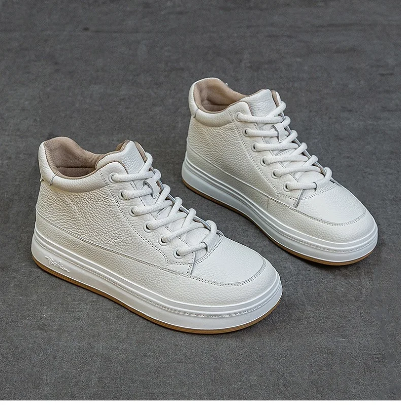 DRKANOL Fashion Women High Top Board Shoes Concise Solid Color Genuine Cow Leather Flat Shoes Autumn Winter Warm Casual Sneakers