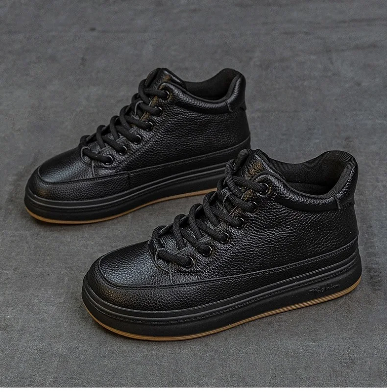 DRKANOL Fashion Women High Top Board Shoes Concise Solid Color Genuine Cow Leather Flat Shoes Autumn Winter Warm Casual Sneakers