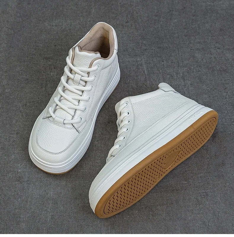 DRKANOL Fashion Women High Top Board Shoes Concise Solid Color Genuine Cow Leather Flat Shoes Autumn Winter Warm Casual Sneakers