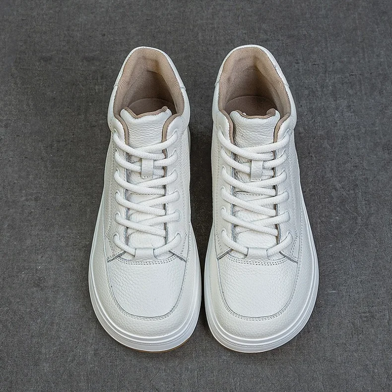 DRKANOL Fashion Women High Top Board Shoes Concise Solid Color Genuine Cow Leather Flat Shoes Autumn Winter Warm Casual Sneakers