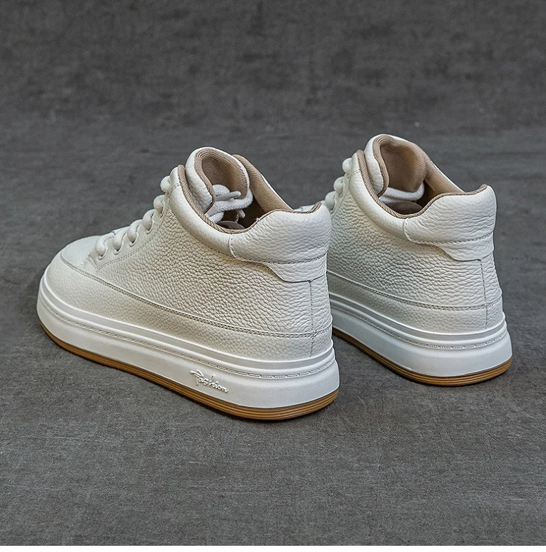 DRKANOL Fashion Women High Top Board Shoes Concise Solid Color Genuine Cow Leather Flat Shoes Autumn Winter Warm Casual Sneakers