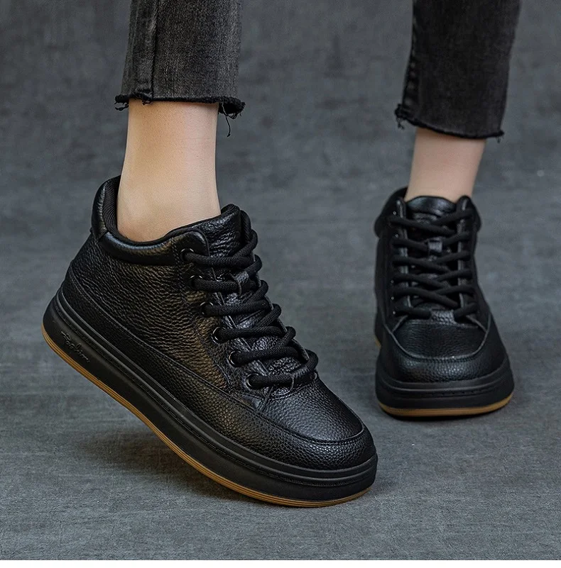 DRKANOL Fashion Women High Top Board Shoes Concise Solid Color Genuine Cow Leather Flat Shoes Autumn Winter Warm Casual Sneakers