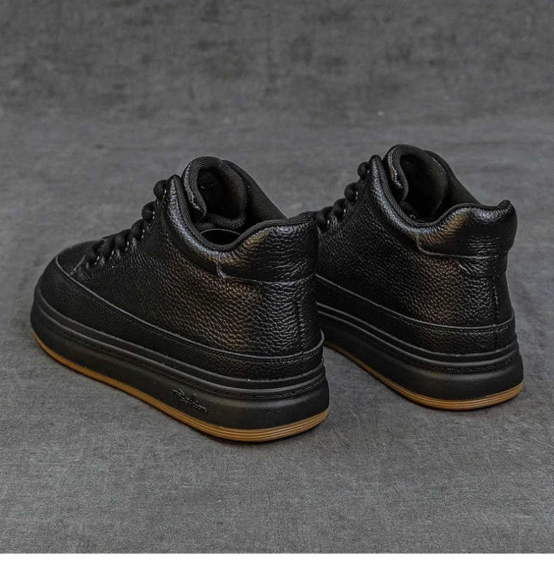 DRKANOL Fashion Women High Top Board Shoes Concise Solid Color Genuine Cow Leather Flat Shoes Autumn Winter Warm Casual Sneakers