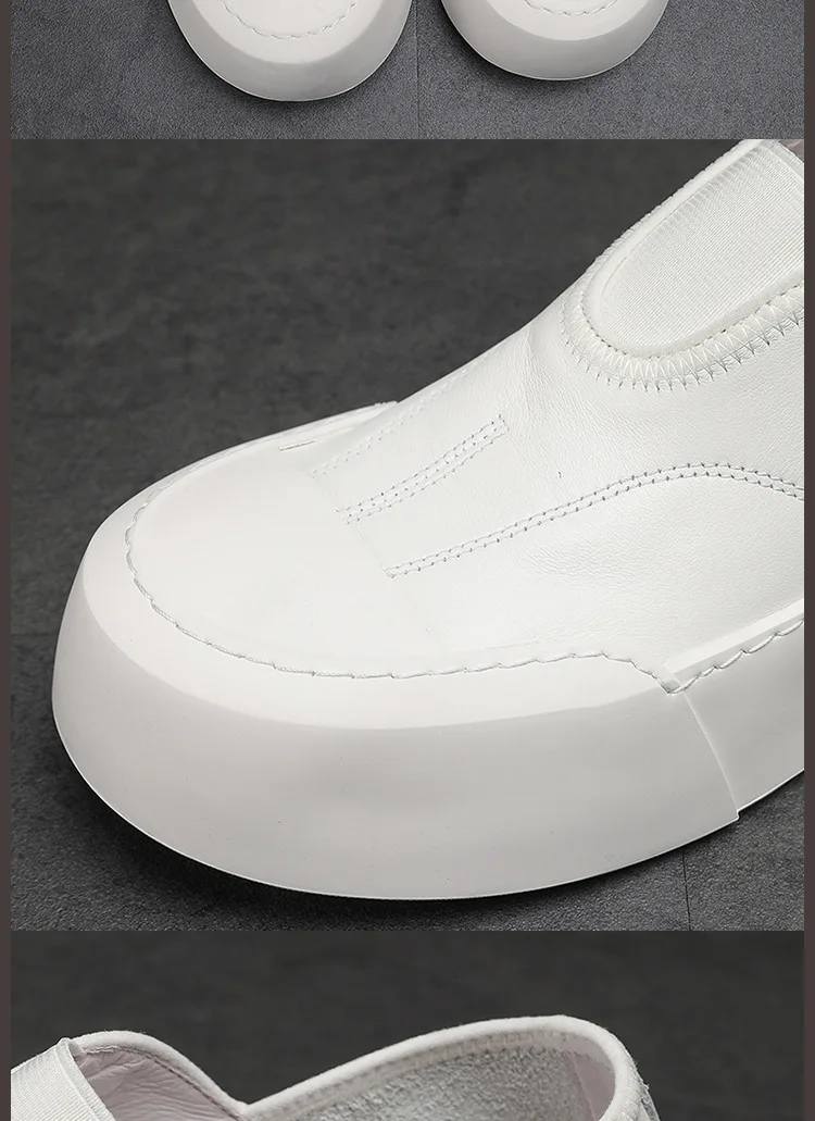 YETTIES Men's White Slip-On Loafers, Chunky Sole All-Day Comfort, Premium Genuine Leather Minimalist Luxury Skate Shoes