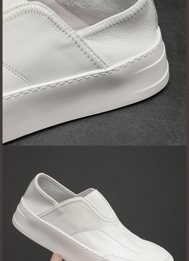 YETTIES Men's White Slip-On Loafers, Chunky Sole All-Day Comfort, Premium Genuine Leather Minimalist Luxury Skate Shoes