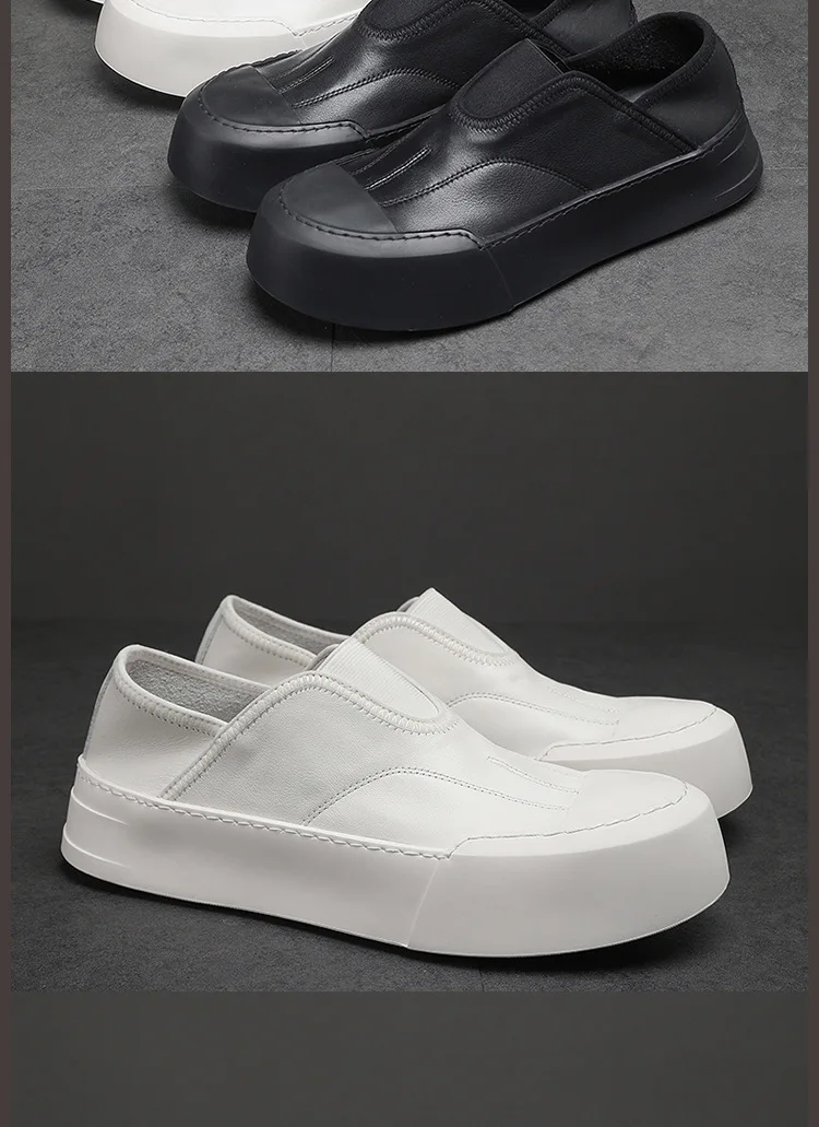 YETTIES Men's White Slip-On Loafers, Chunky Sole All-Day Comfort, Premium Genuine Leather Minimalist Luxury Skate Shoes