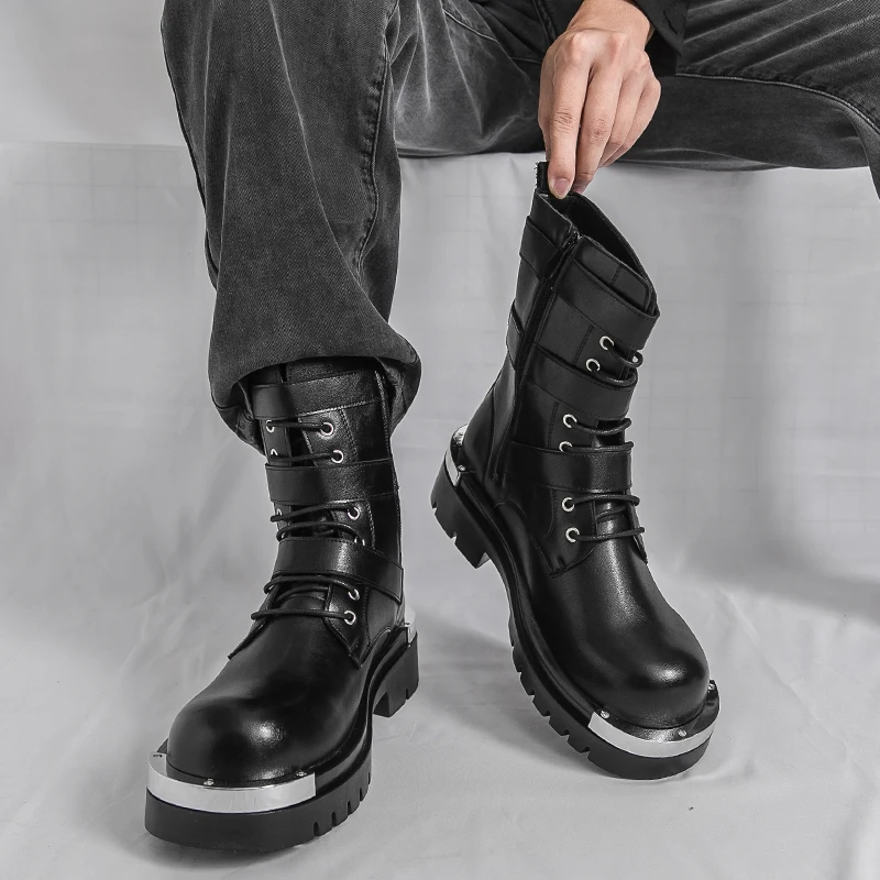 Men Chelsea Boots PU Solid Color Thick Sole Height Increasing High Top Metal Big Toe Workwear Boots